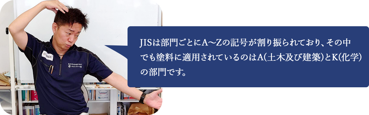 JISは部門ごとにA～Zの記号が割り振られており、その中でも塗料に適用されているのはA(土木及び建築)とK(化学)の部門です。
